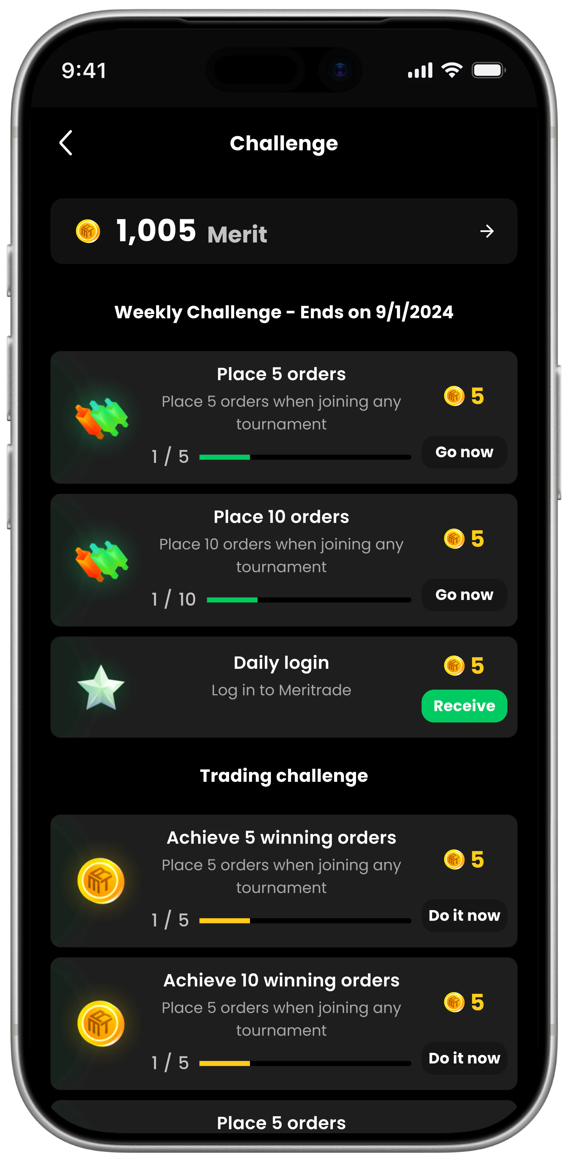 Mobile challenge surface — Merit token balance, Weekly Challenge tasks ("Place 5 orders", "Place 10 orders", "Daily login"), and Trading Challenge progression with claim states.