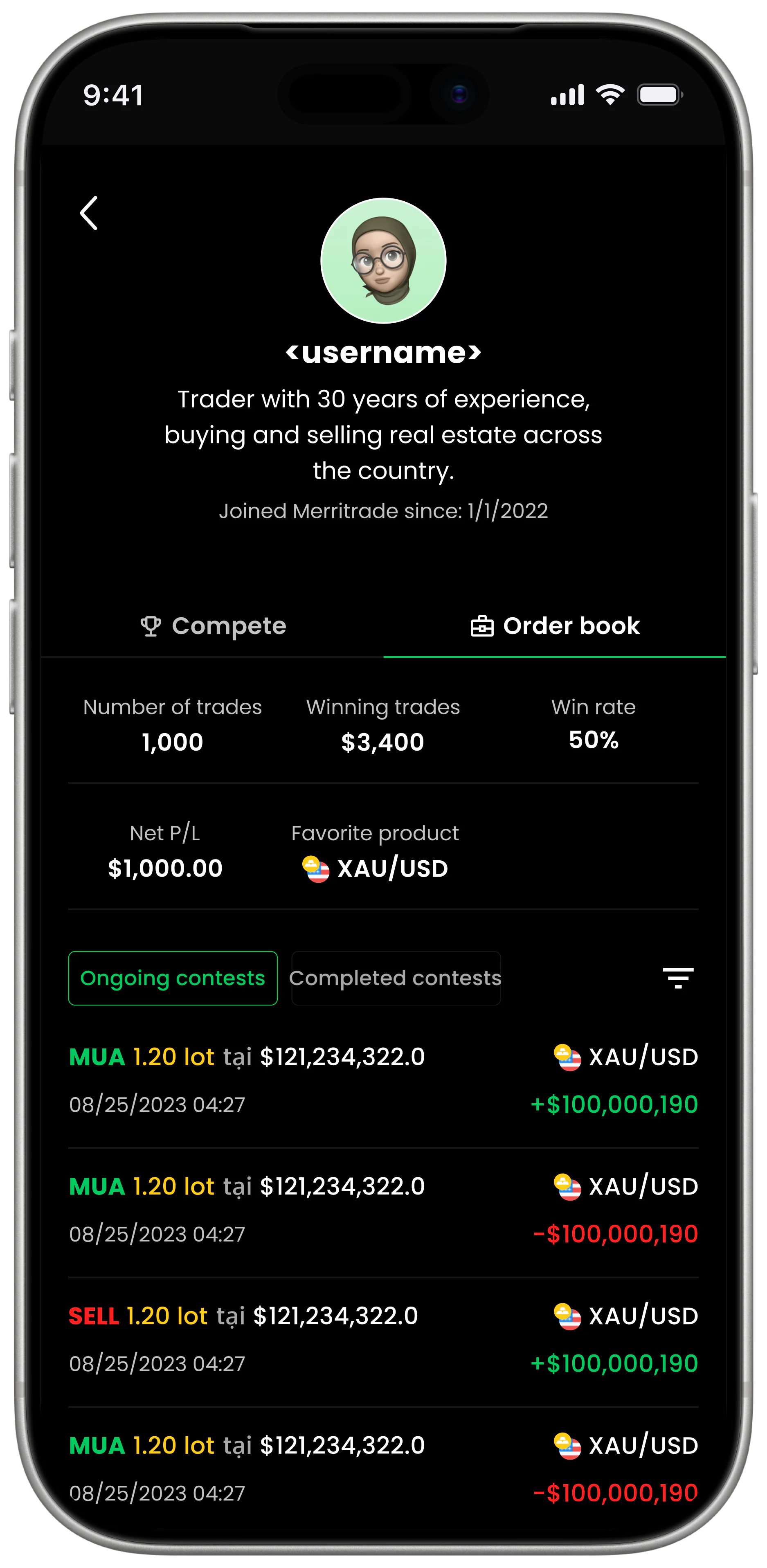 Mobile trader profile — username header with avatar, Compete/Order-book tabs, KPI strip (number of trades, winning trades, win rate, P/L), favourite product, and an ongoing/completed contest feed with Buy/Sell entries and per-contest P/L.