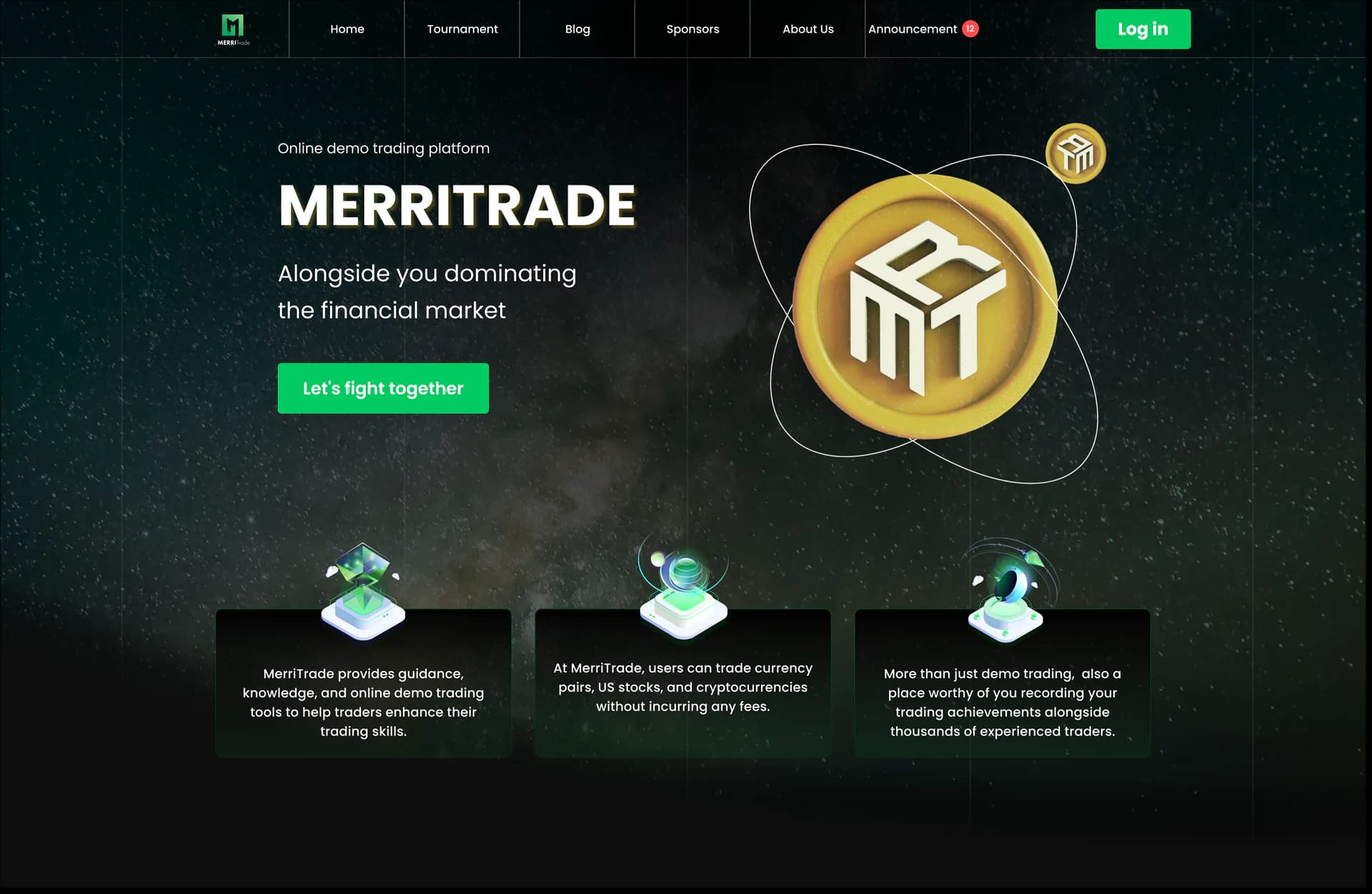MerriTrade homepage hero — brand statement "Alongside you dominating the financial market" with the golden MerriTrade coin centred against a space-themed gradient, and three product-value cards (guidance and education, multi-asset trading, demo-trading community) anchoring the bottom of the frame.