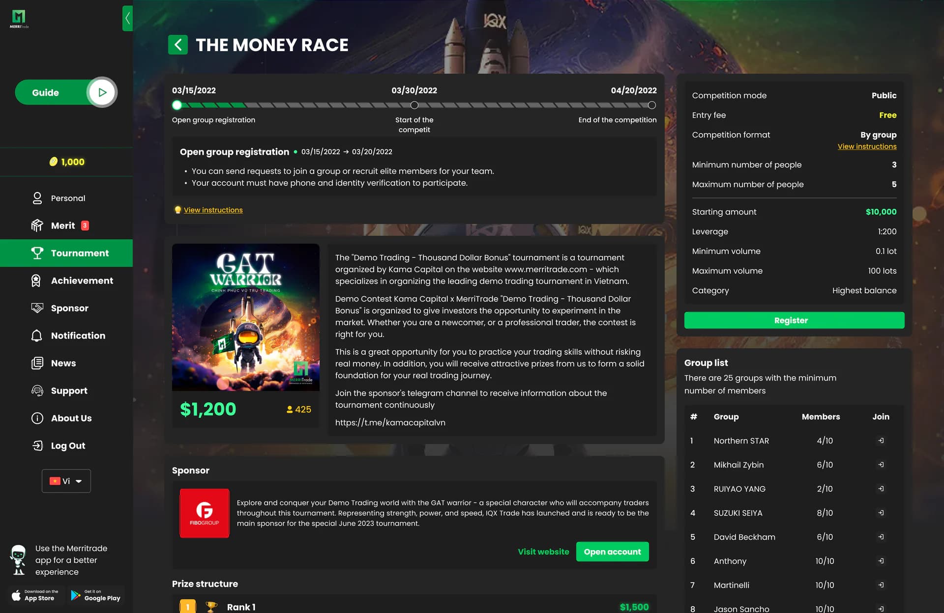Tournament detail surface for "The Money Race" — registration window and competition window dates, sponsor card, prize structure, group list, and entry fee/leverage settings. Captured directly from the prototype to anchor the engagement-spine narrative.