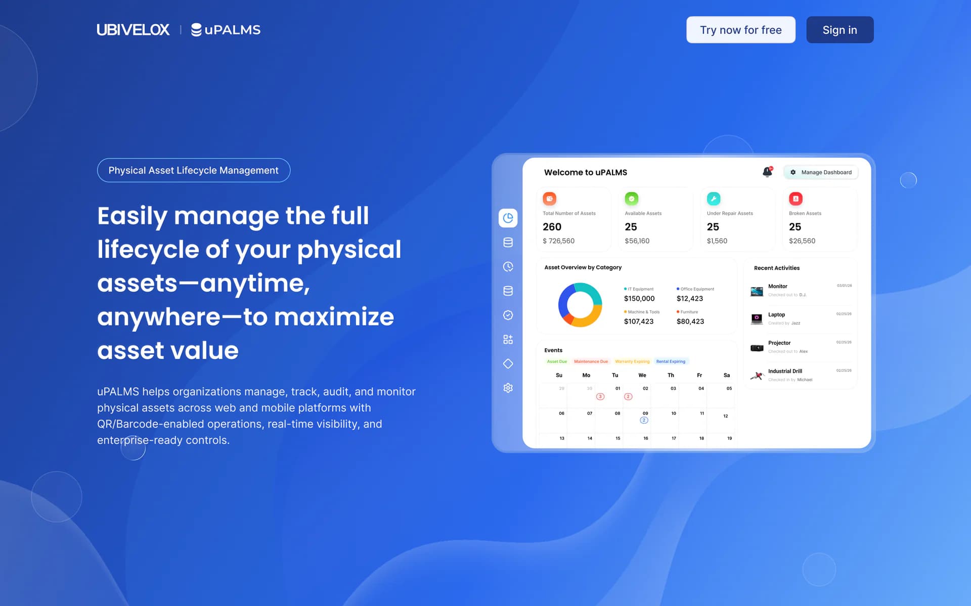 uPALMS English landing page hero — UBIVELOX × uPALMS lockup, the value line "Easily manage the full lifecycle of your physical assets," and a preview of the dashboard surface (asset overview by category, recent activities, calendar) framed against a soft indigo gradient.
