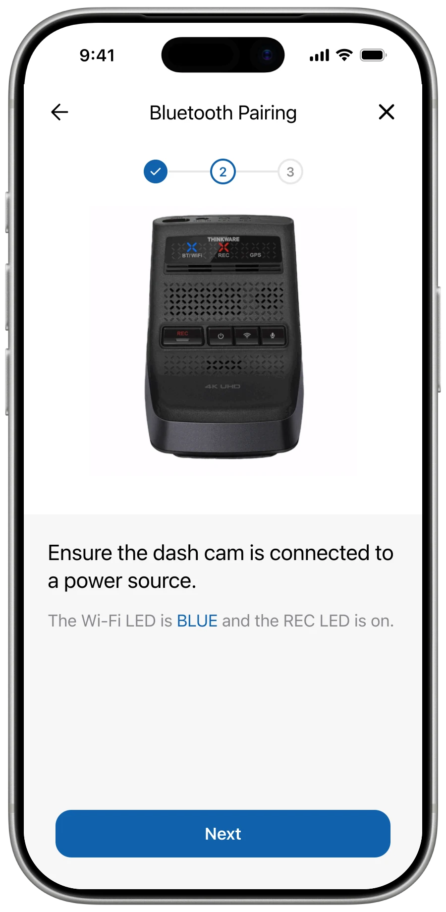 Dash Cam LINK app — paired connection success state.
