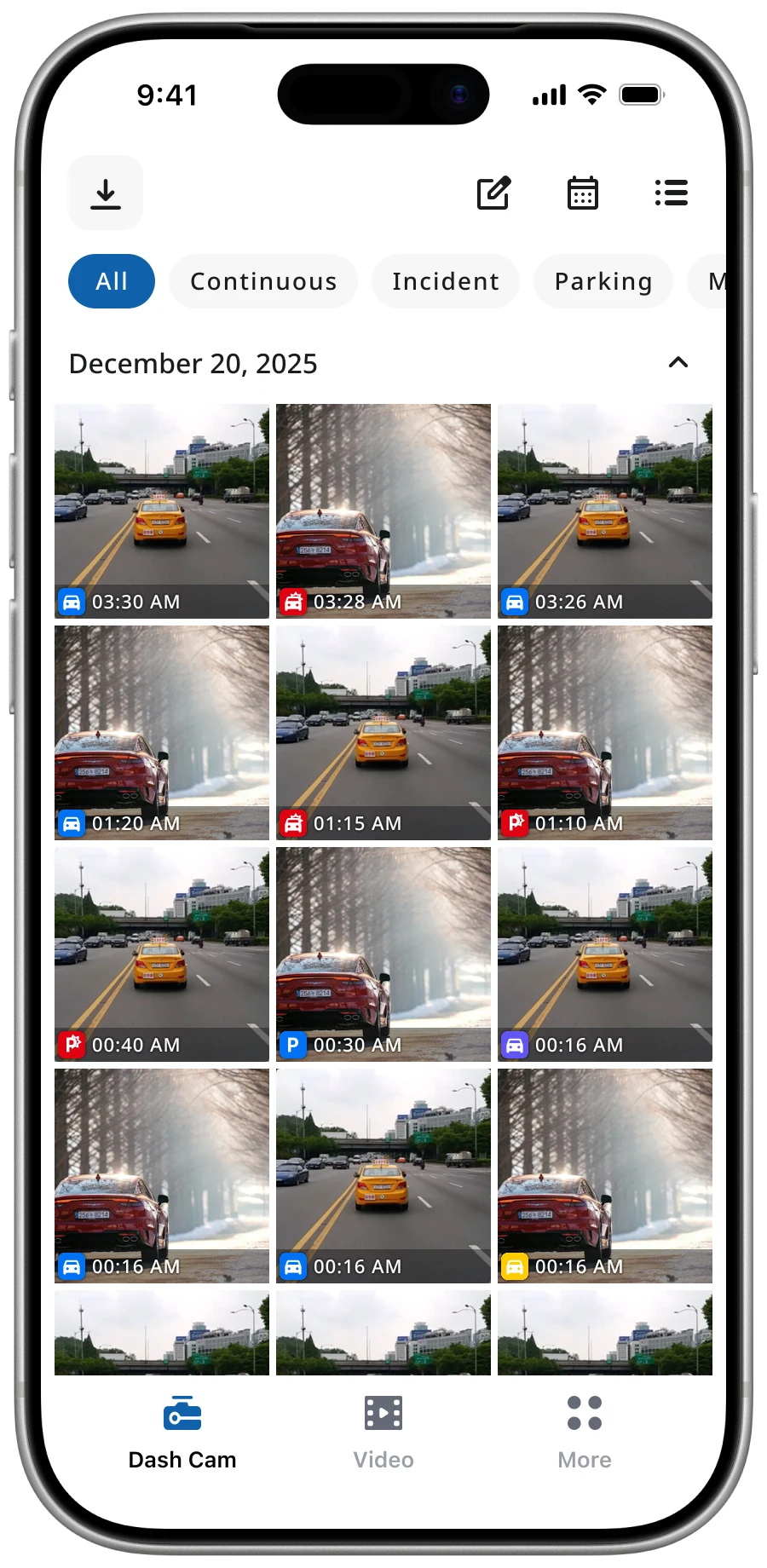 Dash Cam LINK app — incident detail with metadata.