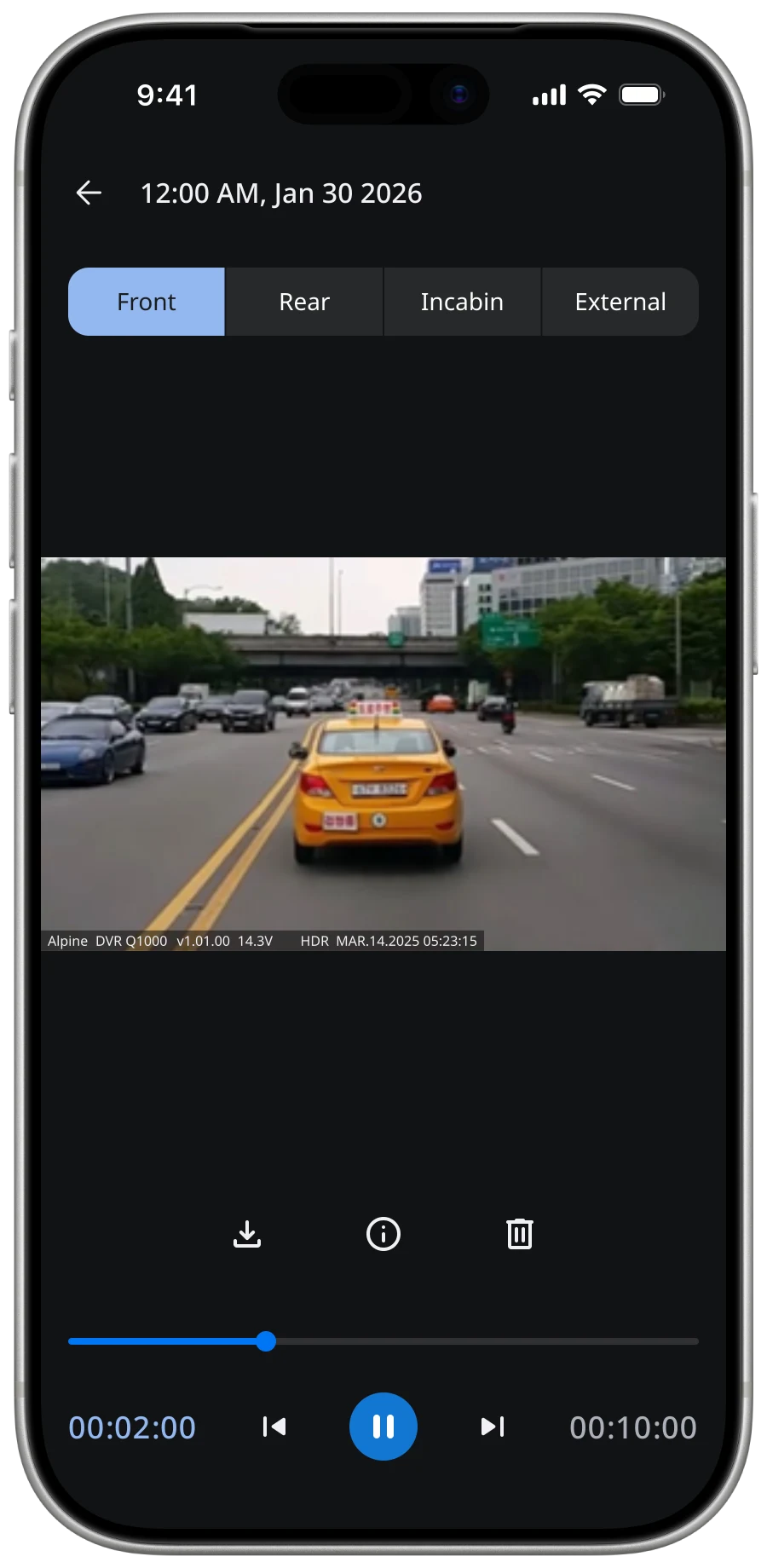 Dash Cam LINK app — settings and camera configuration.