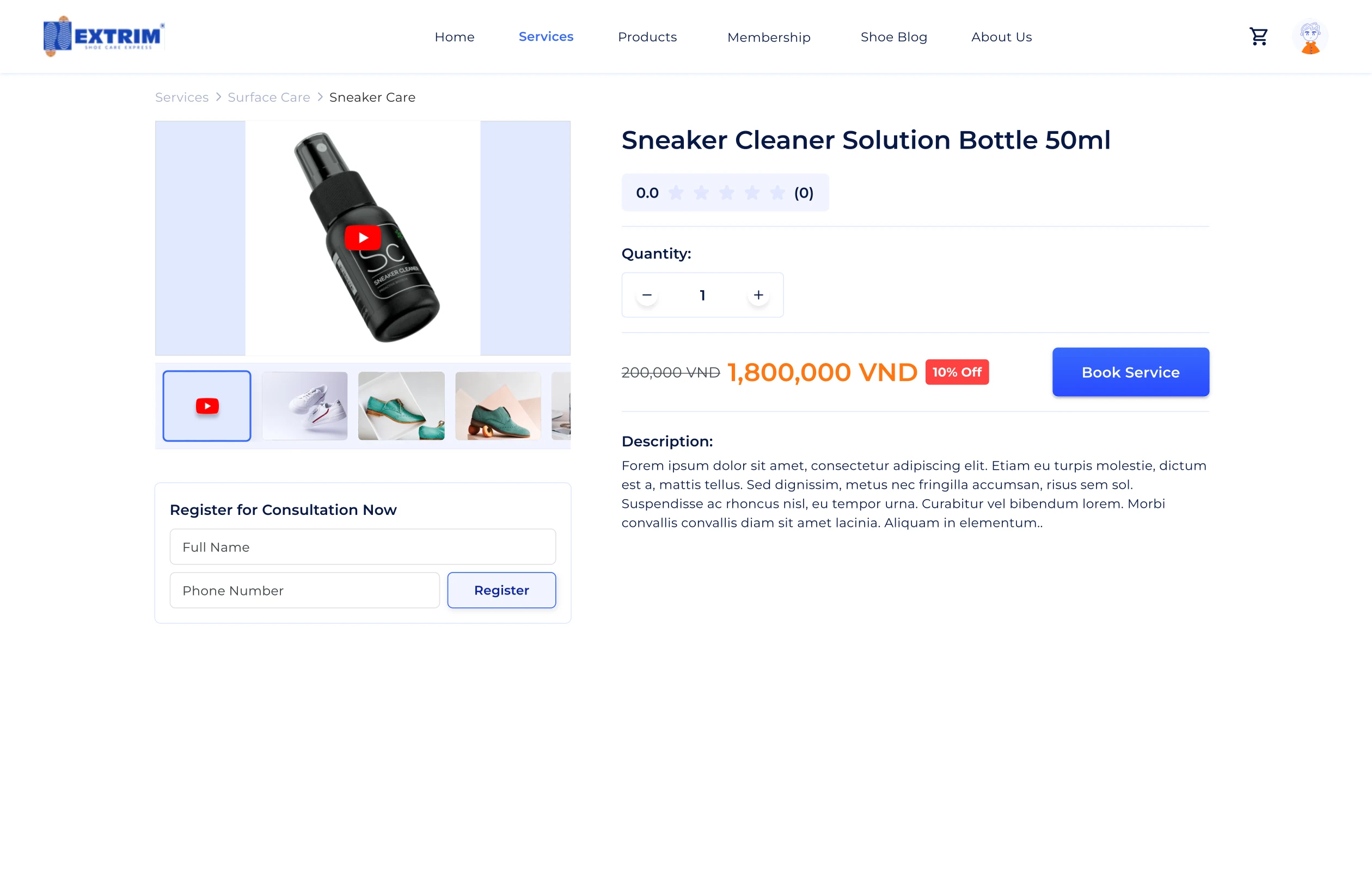 Extrim website — service detail and pricing.