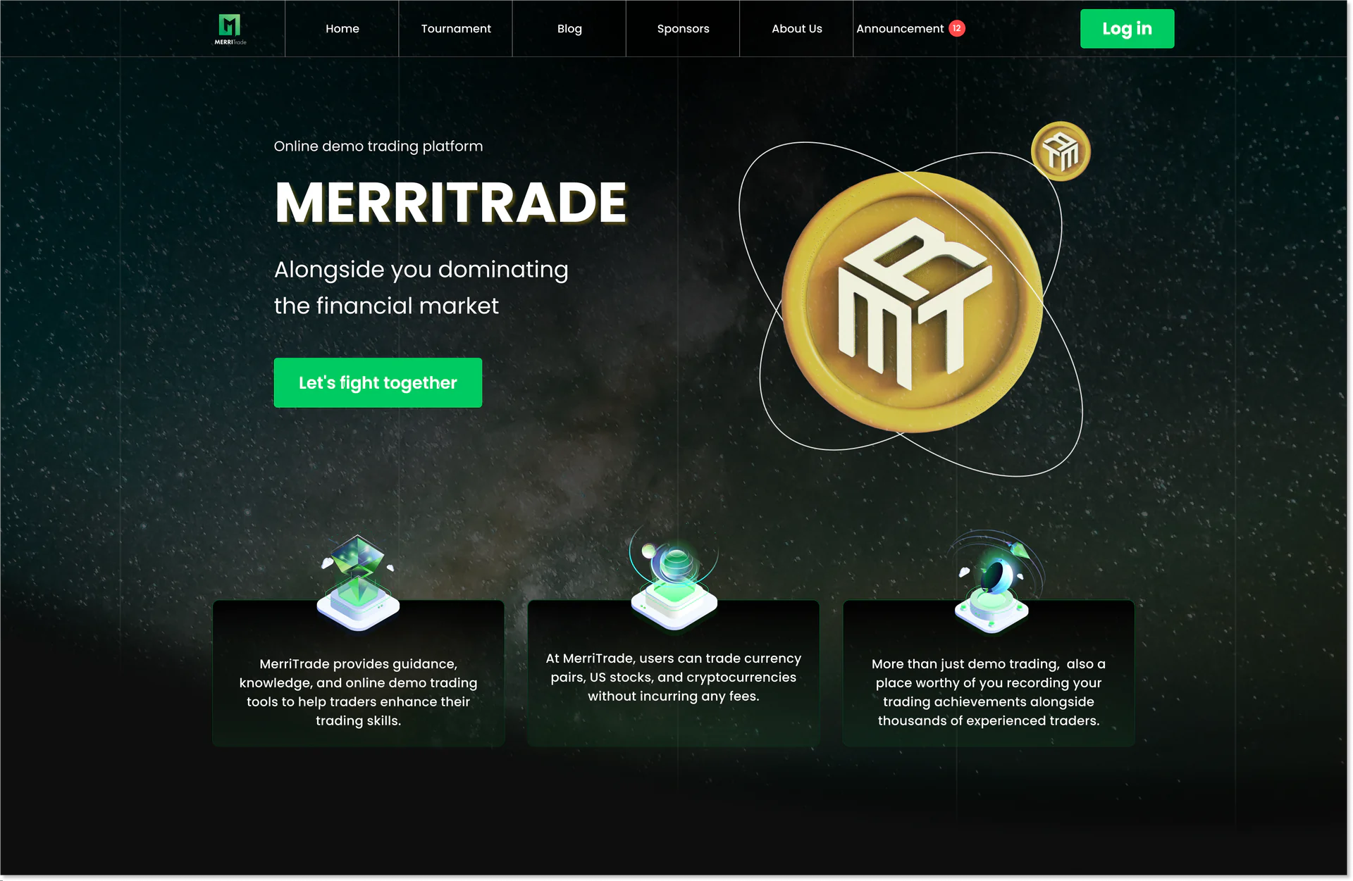 MerriTrade — Homepage hero with brand statement and three product-value cards.