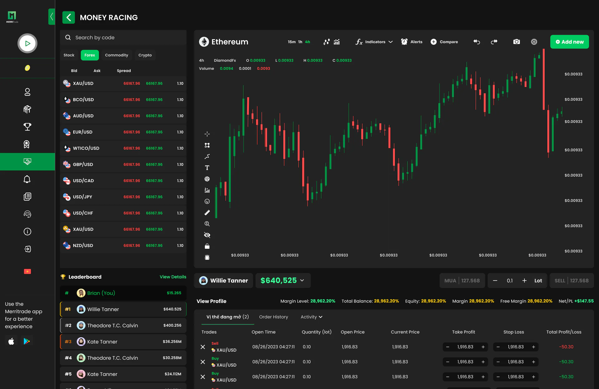 MerriTrade — Live trading screen with real-time candlestick chart, market list, leaderboard, and position panel.