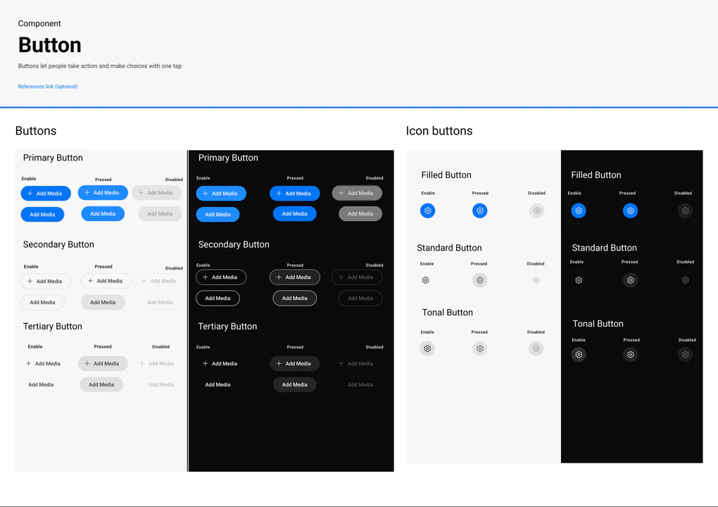 XIAN design system — button styles, sizes and states.