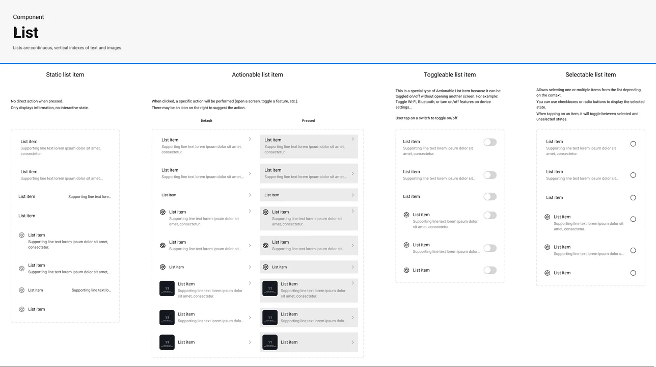 XIAN design system — list rows, dividers and density variants.